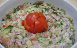 Лёгкий в приготовлении салат с ветчиной, сыром, грибами и огурцом