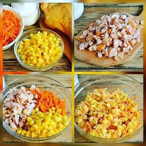Рецепты салата с копченой курицей, корейской морковью и кукурузой