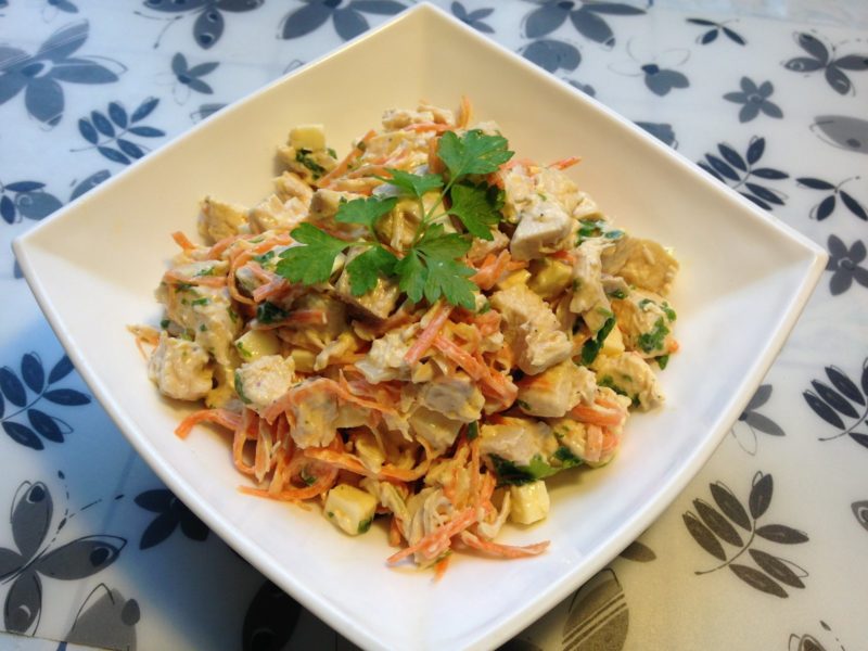 Рецепты салата с копченой курицей, корейской морковью и кукурузой
