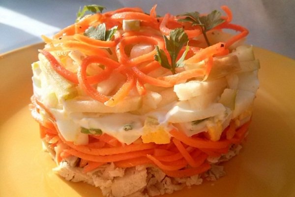 Праздничный салат с куриным филе и морковью по-корейски